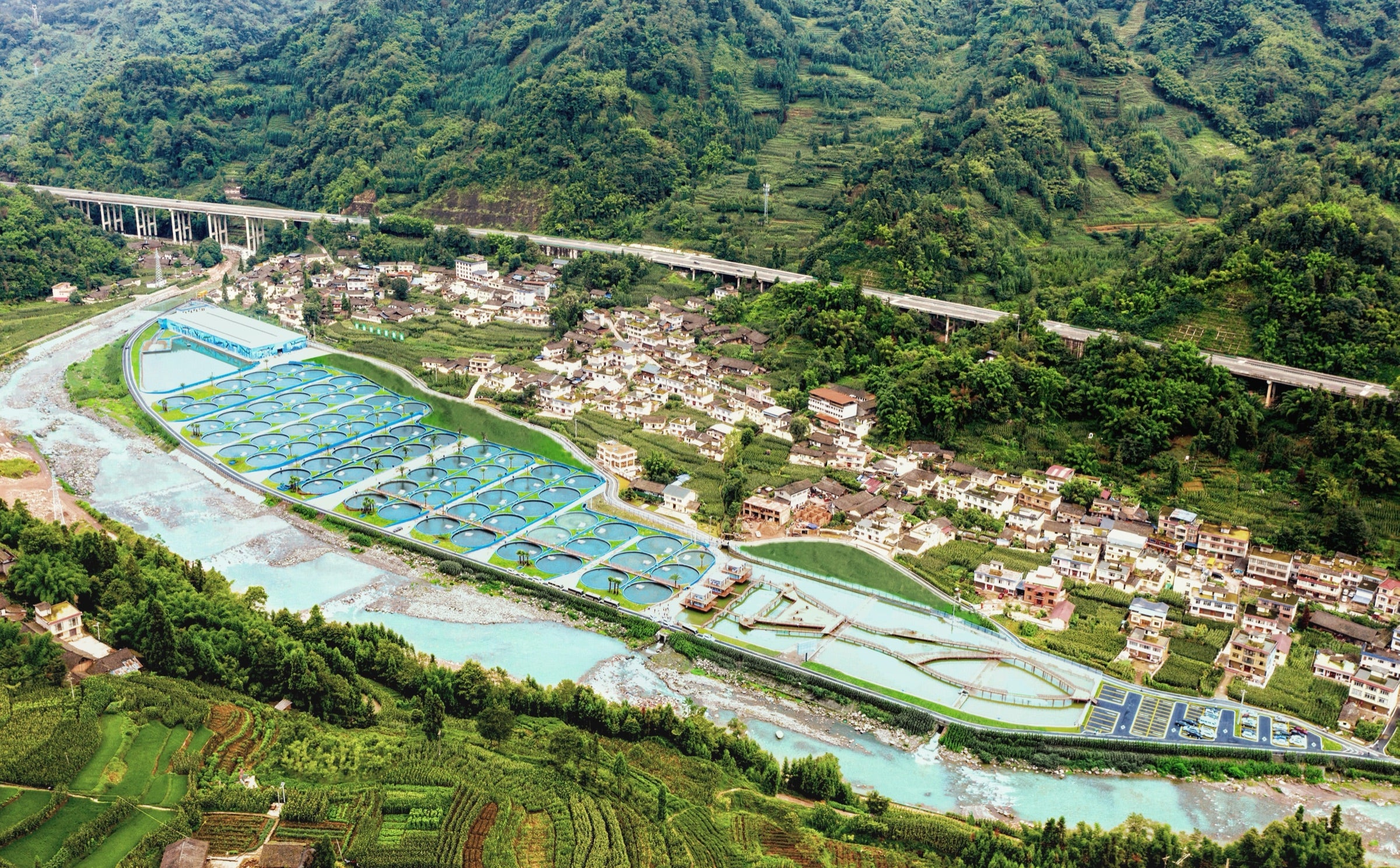 A sturgeon farm beside a river and village in western Sichuan